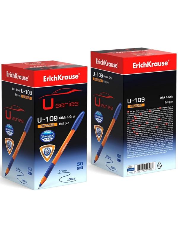 Ручка шариковая ErichKrause U-109 Orange Stick&Grip, игольчатый узел 1,0 мм, чернила синие, ультра-мягкое письмо