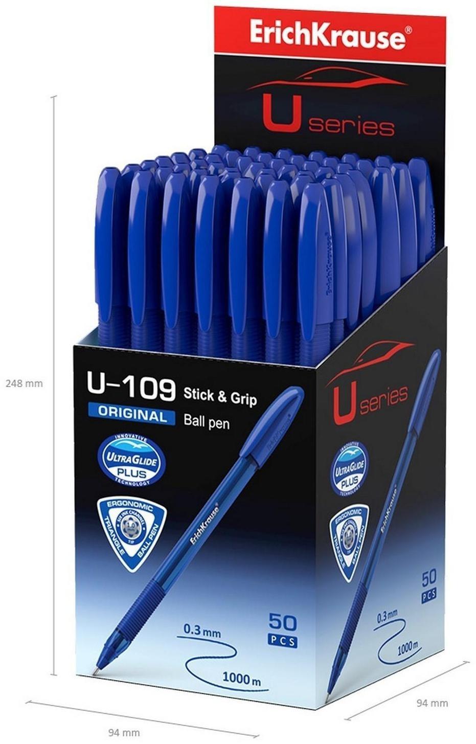 Ручка шариковая ErichKrause U-109 Original Stick&Grip, игольчатый узел 1,0 мм, чернила синие, ультра-мягкое письмо