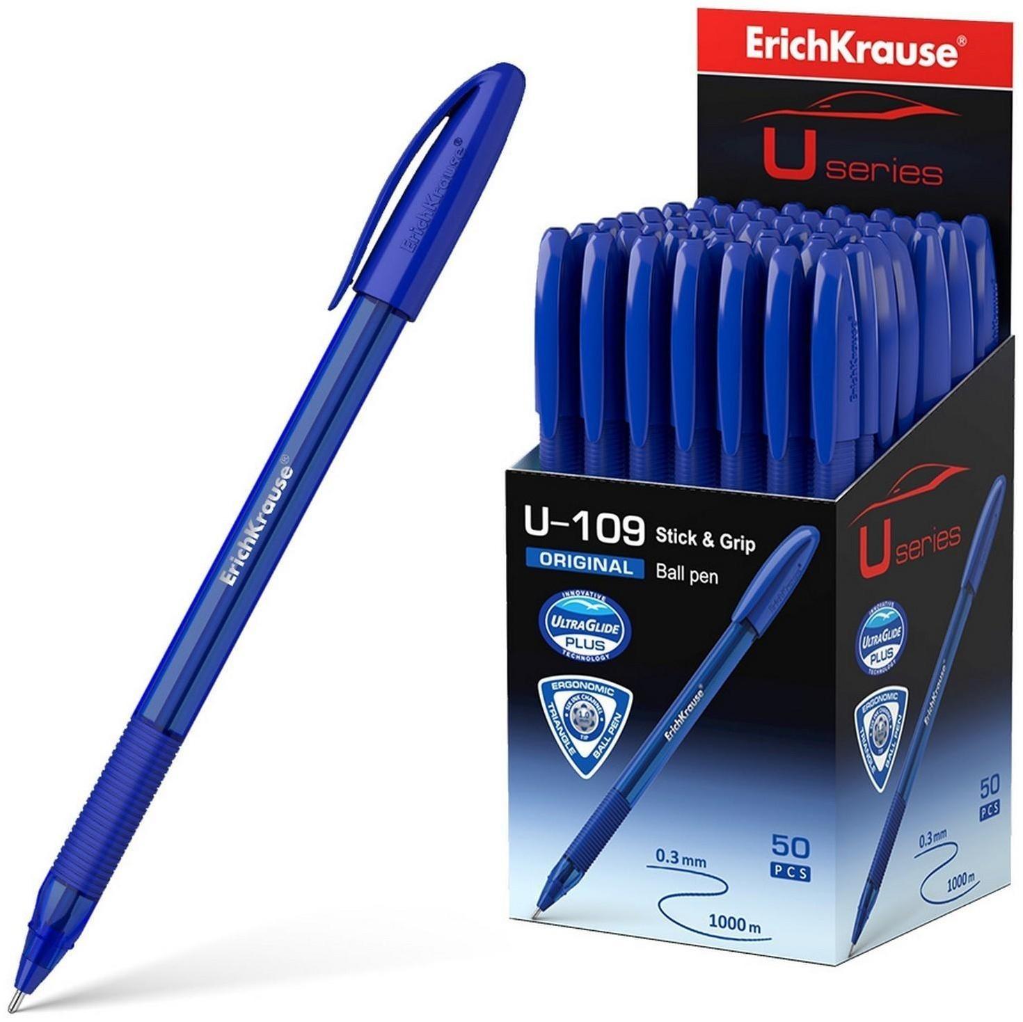 Ручка шариковая ErichKrause U-109 Original Stick&Grip, игольчатый узел 1,0 мм, чернила синие, ультра-мягкое письмо