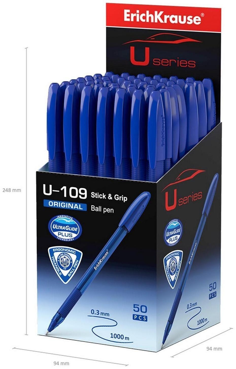 Ручка шариковая ErichKrause U-109 Original Stick&Grip, игольчатый узел 1,0 мм, чернила синие, ультра-мягкое письмо