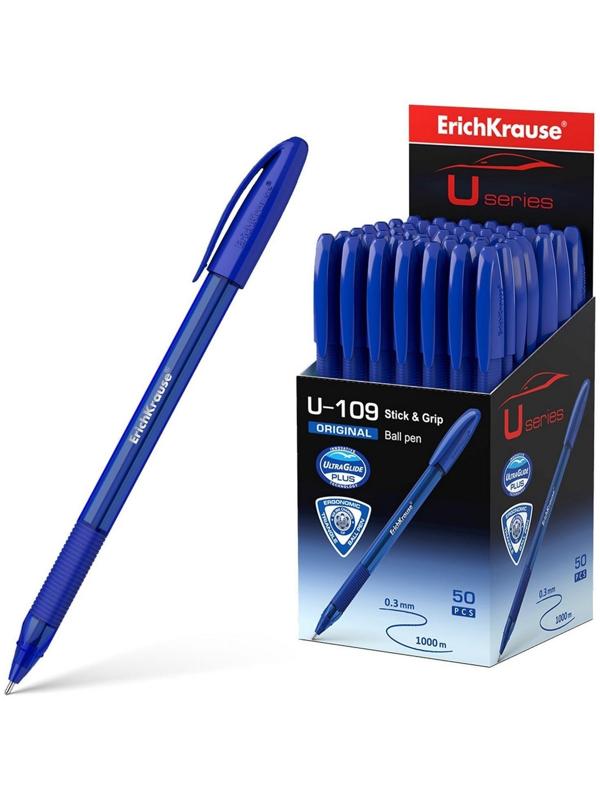 Ручка шариковая ErichKrause U-109 Original Stick&Grip, игольчатый узел 1,0 мм, чернила синие, ультра-мягкое письмо