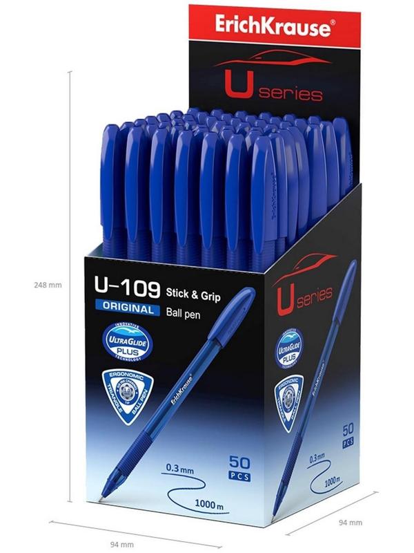 Ручка шариковая ErichKrause U-109 Original Stick&Grip, игольчатый узел 1,0 мм, чернила синие, ультра-мягкое письмо