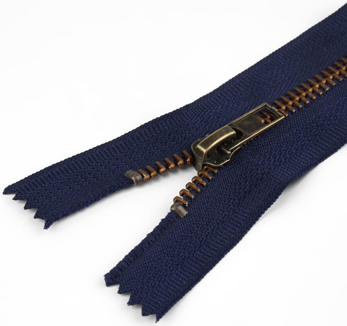 Молния джинсовая, №5, неразъёмная, замок автомат, 18 см, цвет тёмно-синий/антик