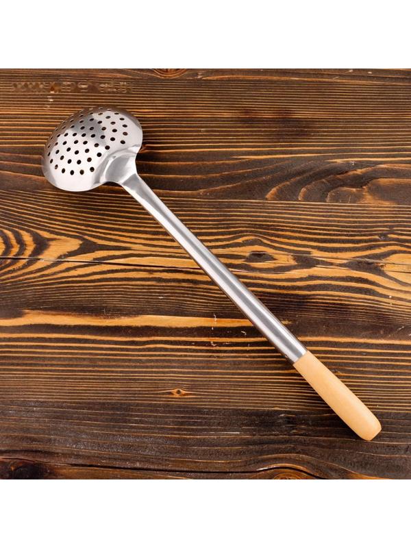 Шумовка для казана узбекская 47см, диаметр 12см, светлая деревянная ручка
