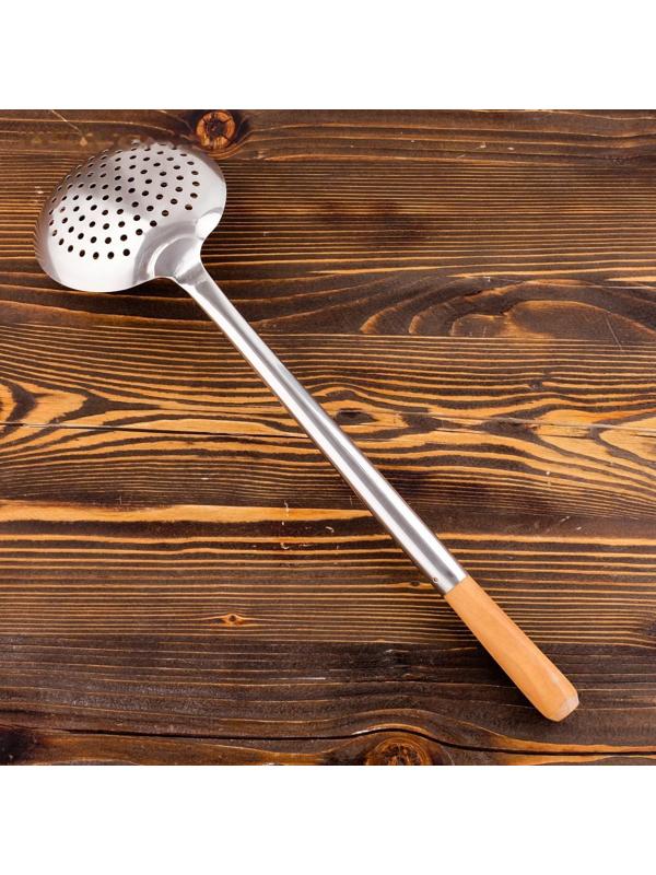 Шумовка для казана узбекская 53см, диаметр 15см, светлая деревянная ручка