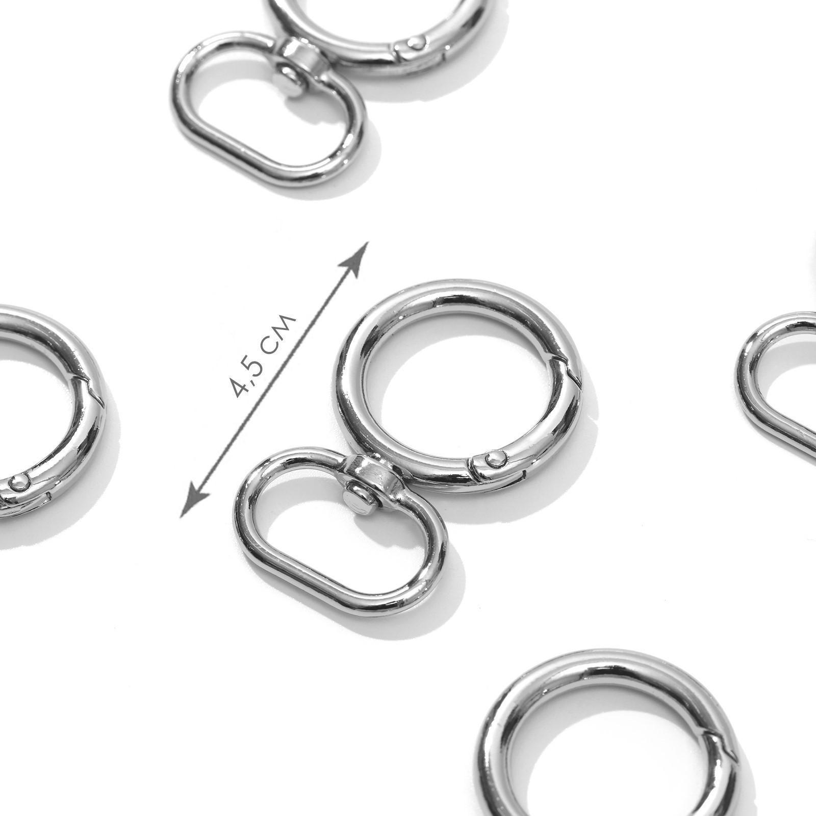 Кольцо-карабин, 43 × 27 мм, толщина - 4,5 мм, с креплением 19,5 × 3 мм, 5 шт, цвет серебряный