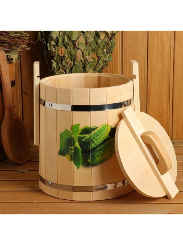 Кадка из липы, 10л, нержавеющий обруч, с крышкой, с УФ-печатью 