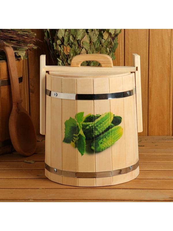 Кадка из липы, 10л, нержавеющий обруч, с крышкой, с УФ-печатью 