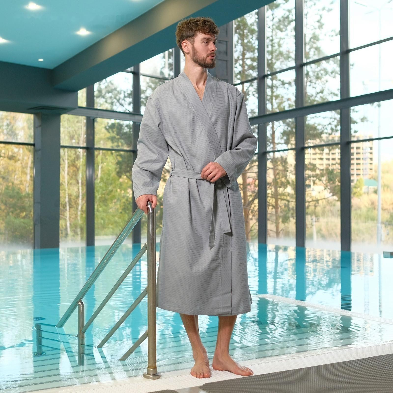 Халат вафельный мужской удлинённый Экономь и Я размер 54-56, цвет серый, 100% хлопок, 200г/м2