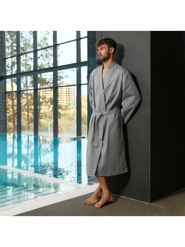 Халат вафельный мужской удлинённый Экономь и Я размер 54-56, цвет серый, 100% хлопок, 200г/м2