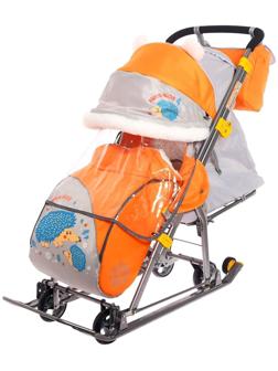 Санки-коляска «Ника детям 7-6», с ёжиком, цвет оранжевый/серый