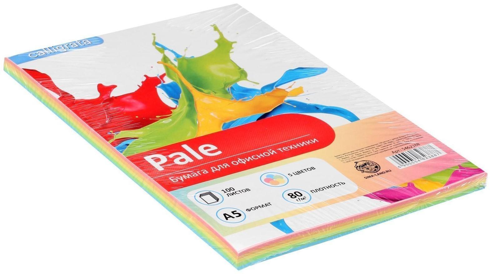 Бумага цветная А5, 100 листов Calligrata Пастель, 5 цветов, 80 г/м²