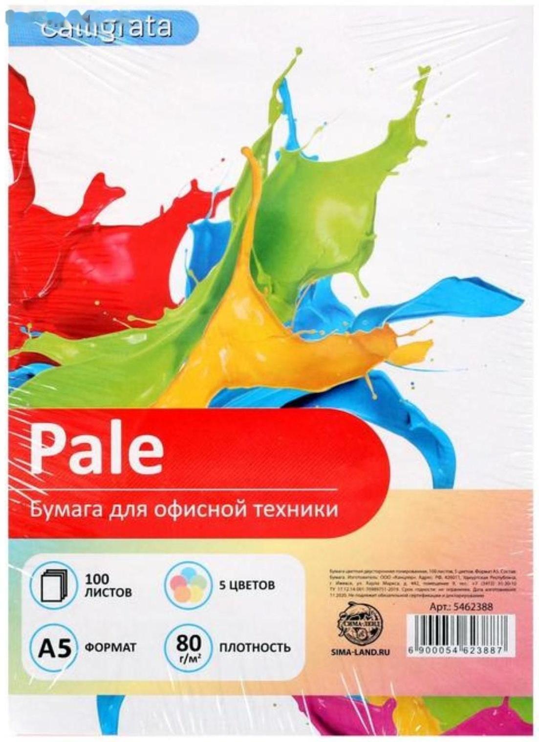 Бумага цветная А5, 100 листов Calligrata Пастель, 5 цветов, 80 г/м²