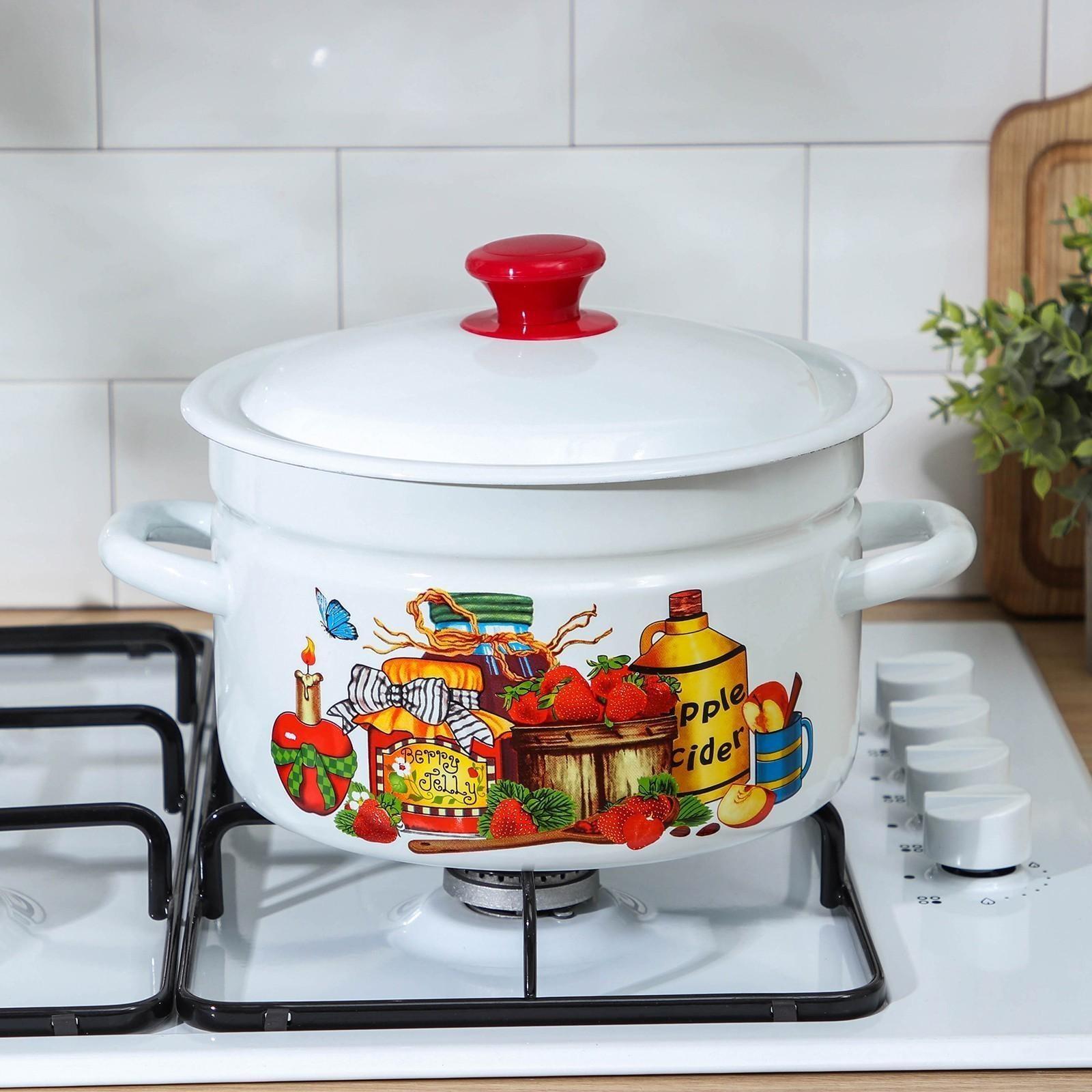 Кастрюля цилиндрическая, 3 л, эмалированная крышка, индукция, деколь МИКС, цвет белый