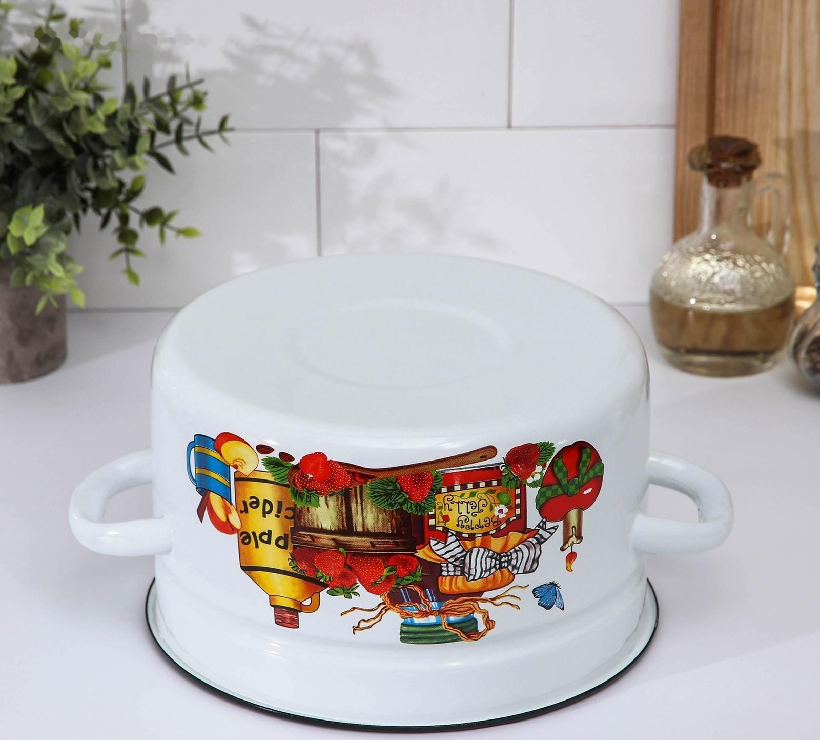 Кастрюля цилиндрическая, 3 л, эмалированная крышка, индукция, деколь МИКС, цвет белый