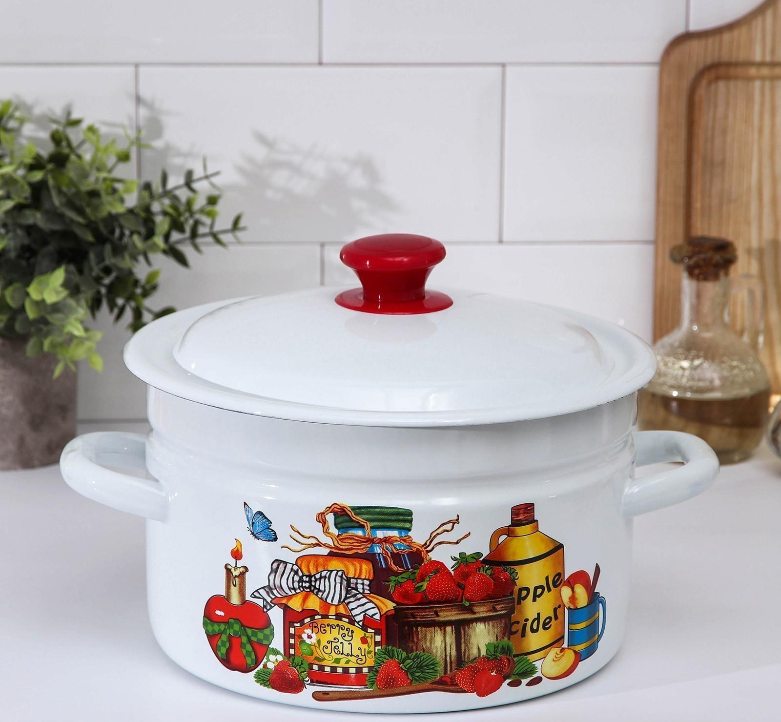 Кастрюля цилиндрическая, 3 л, эмалированная крышка, индукция, деколь МИКС, цвет белый