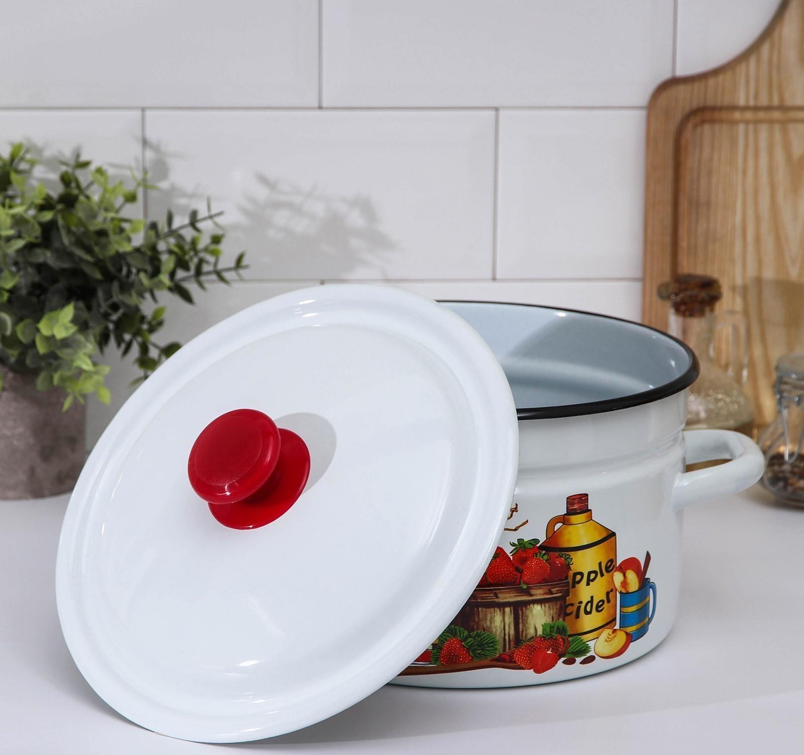 Кастрюля цилиндрическая, 3 л, эмалированная крышка, индукция, деколь МИКС, цвет белый