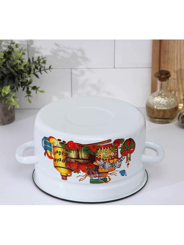 Кастрюля цилиндрическая, 3 л, эмалированная крышка, индукция, деколь МИКС, цвет белый