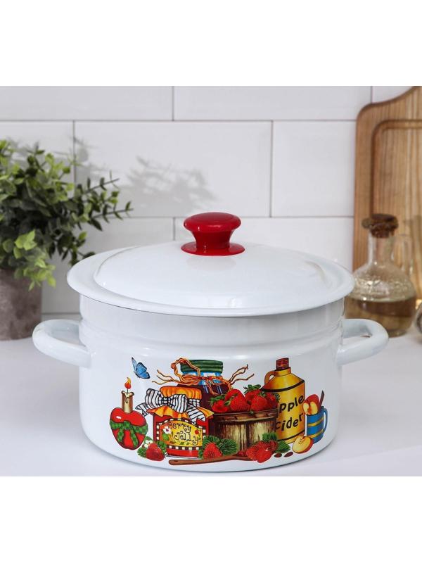 Кастрюля цилиндрическая, 3 л, эмалированная крышка, индукция, деколь МИКС, цвет белый