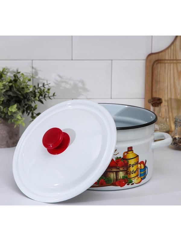 Кастрюля цилиндрическая, 3 л, эмалированная крышка, индукция, деколь МИКС, цвет белый