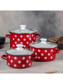 Набор кастрюль «Белый горох», 3 предмета: 1,9 л, 2,5 л, 5 л, крышки, индукция, цвет красный