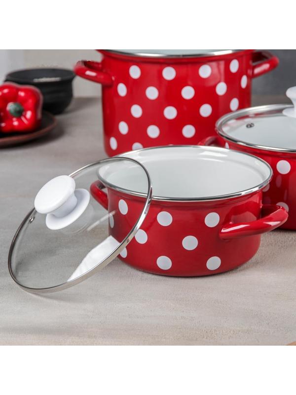 Набор кастрюль «Белый горох», 3 предмета: 1,9 л, 2,5 л, 5 л, крышки, индукция, цвет красный