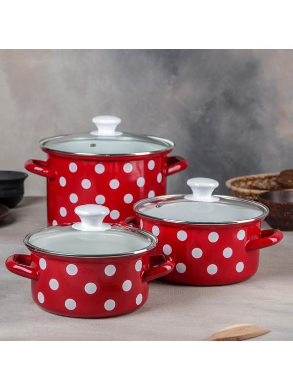 Набор кастрюль «Белый горох», 3 предмета: 1,9 л, 2,5 л, 5 л, крышки, индукция, цвет красный