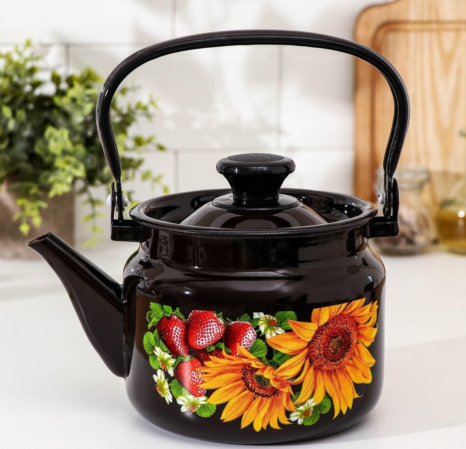 Чайник цилиндрический, 2 л, индукция, деколь МИКС, цвет коричневый