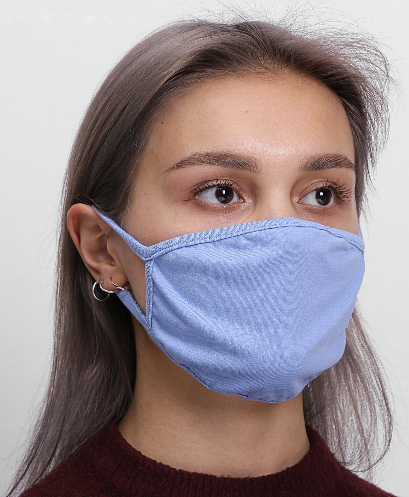Маска для лица многоразовая из 100 % хлопка, 2-х слойная, голубая, 19 x 13 см