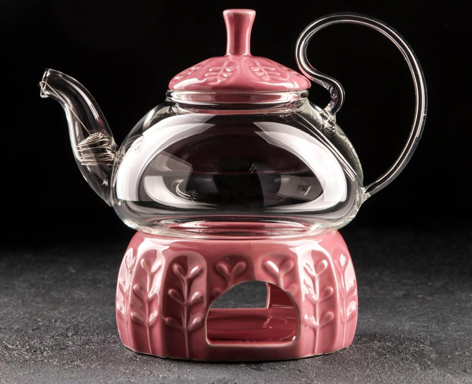 Чайник стеклянный заварочный «Элегия», 600 мл, металлическое сито и подстава для подогрева, цвет красный