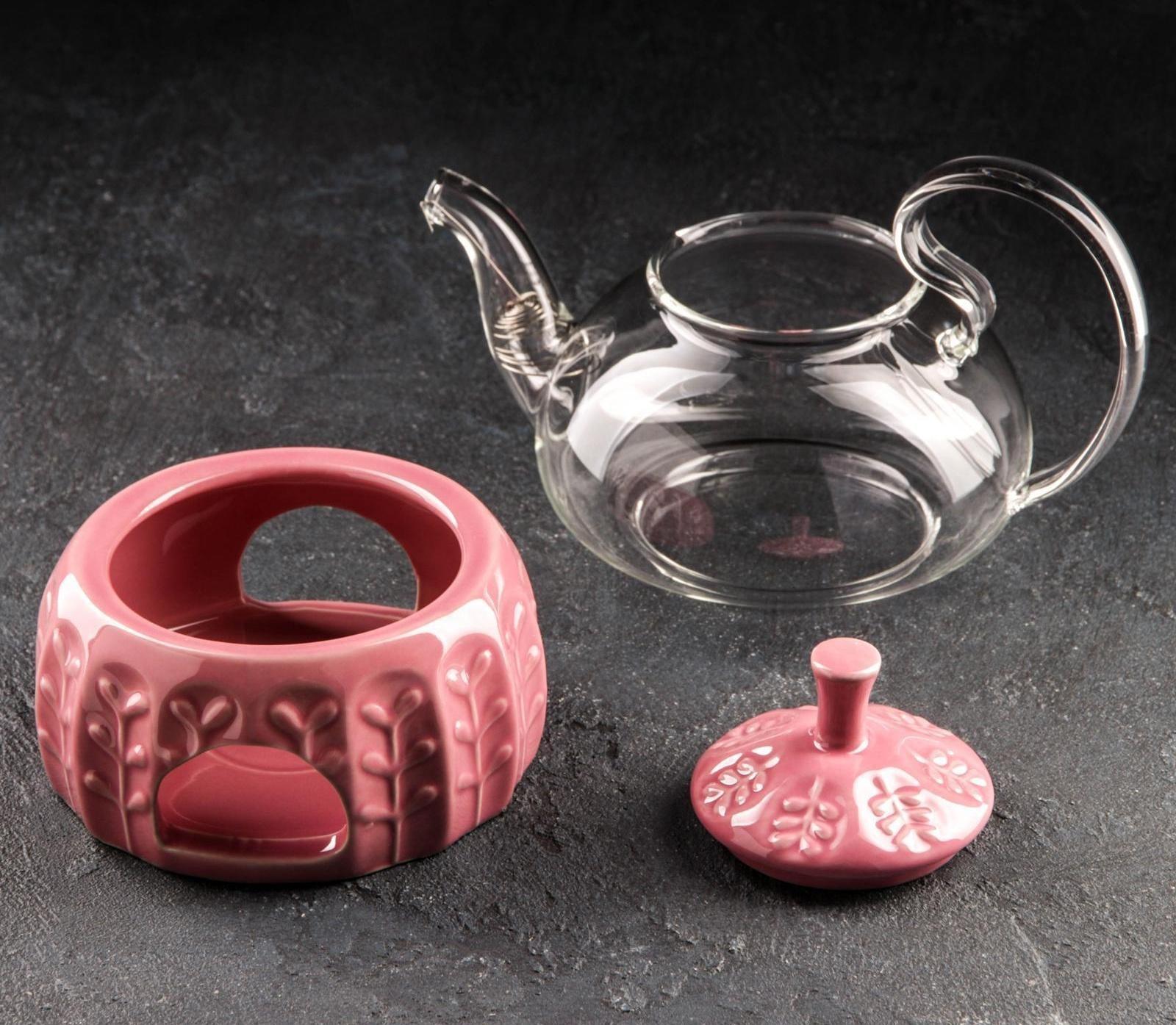 Чайник стеклянный заварочный «Элегия», 600 мл, металлическое сито и подстава для подогрева, цвет красный