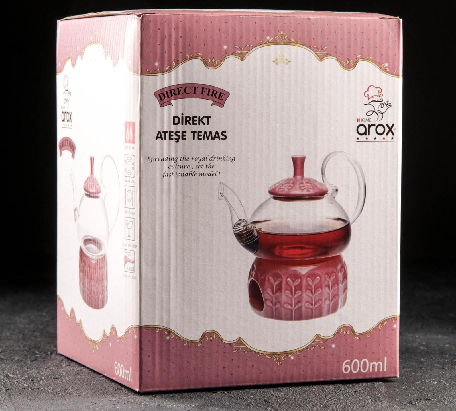 Чайник стеклянный заварочный «Элегия», 600 мл, металлическое сито и подстава для подогрева, цвет красный