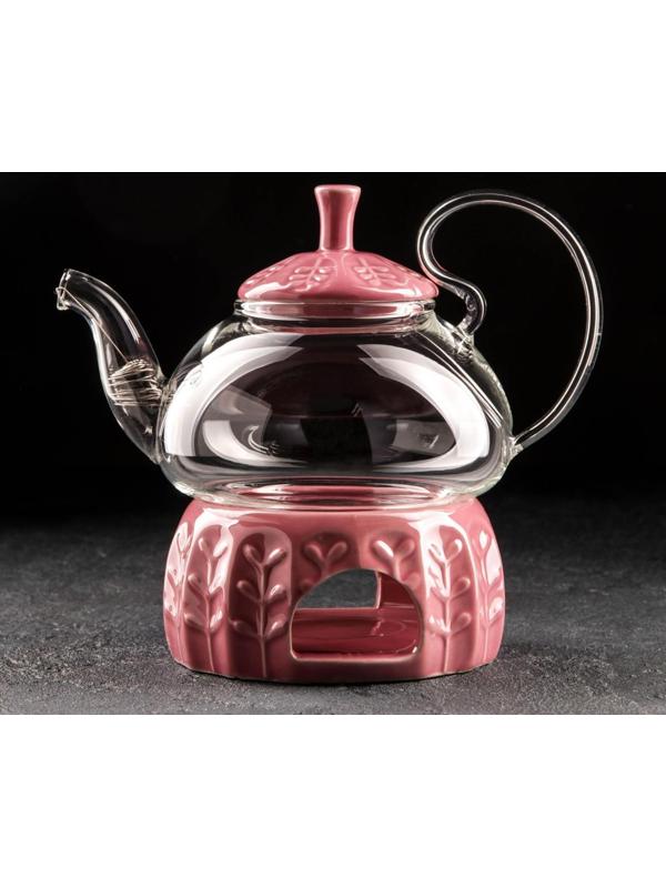 Чайник стеклянный заварочный «Элегия», 600 мл, металлическое сито и подстава для подогрева, цвет красный