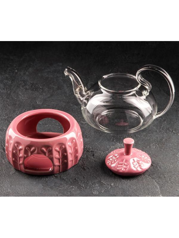 Чайник стеклянный заварочный «Элегия», 600 мл, металлическое сито и подстава для подогрева, цвет красный
