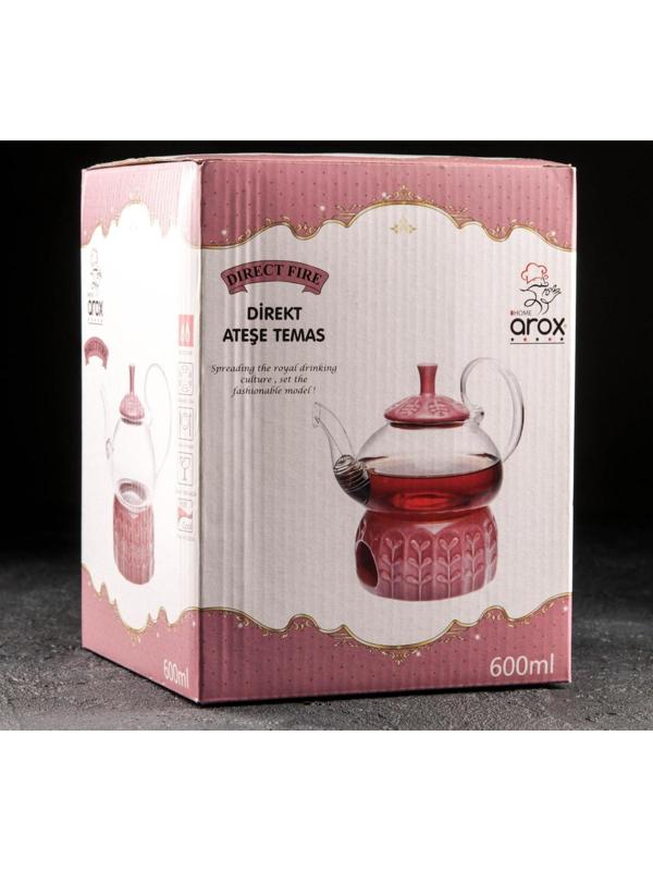 Чайник стеклянный заварочный «Элегия», 600 мл, металлическое сито и подстава для подогрева, цвет красный