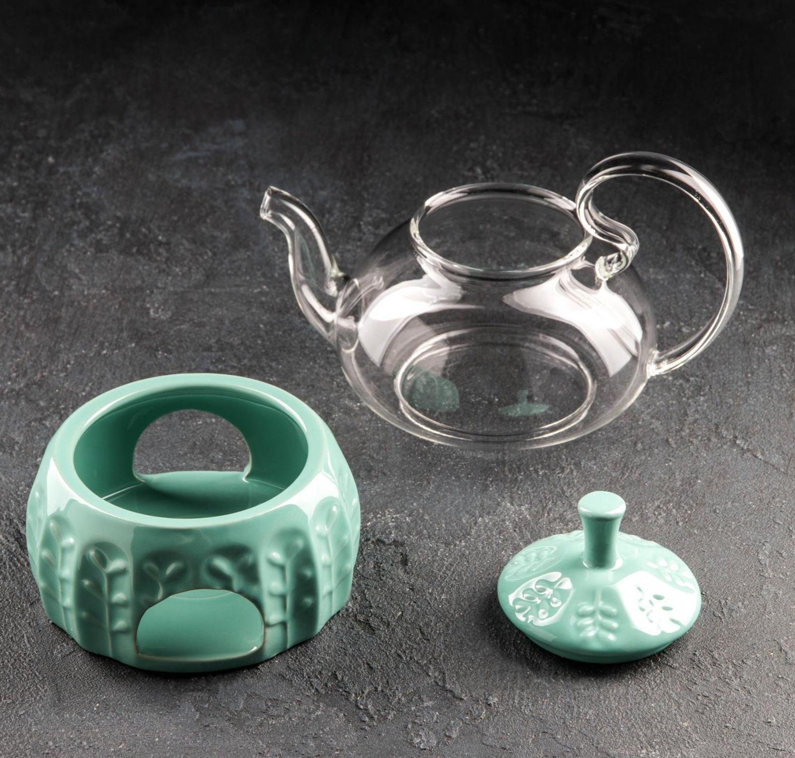 Чайник стеклянный заварочный «Элегия», 600 мл, металлическое сито и подставка для подогрева, цвет зелёный
