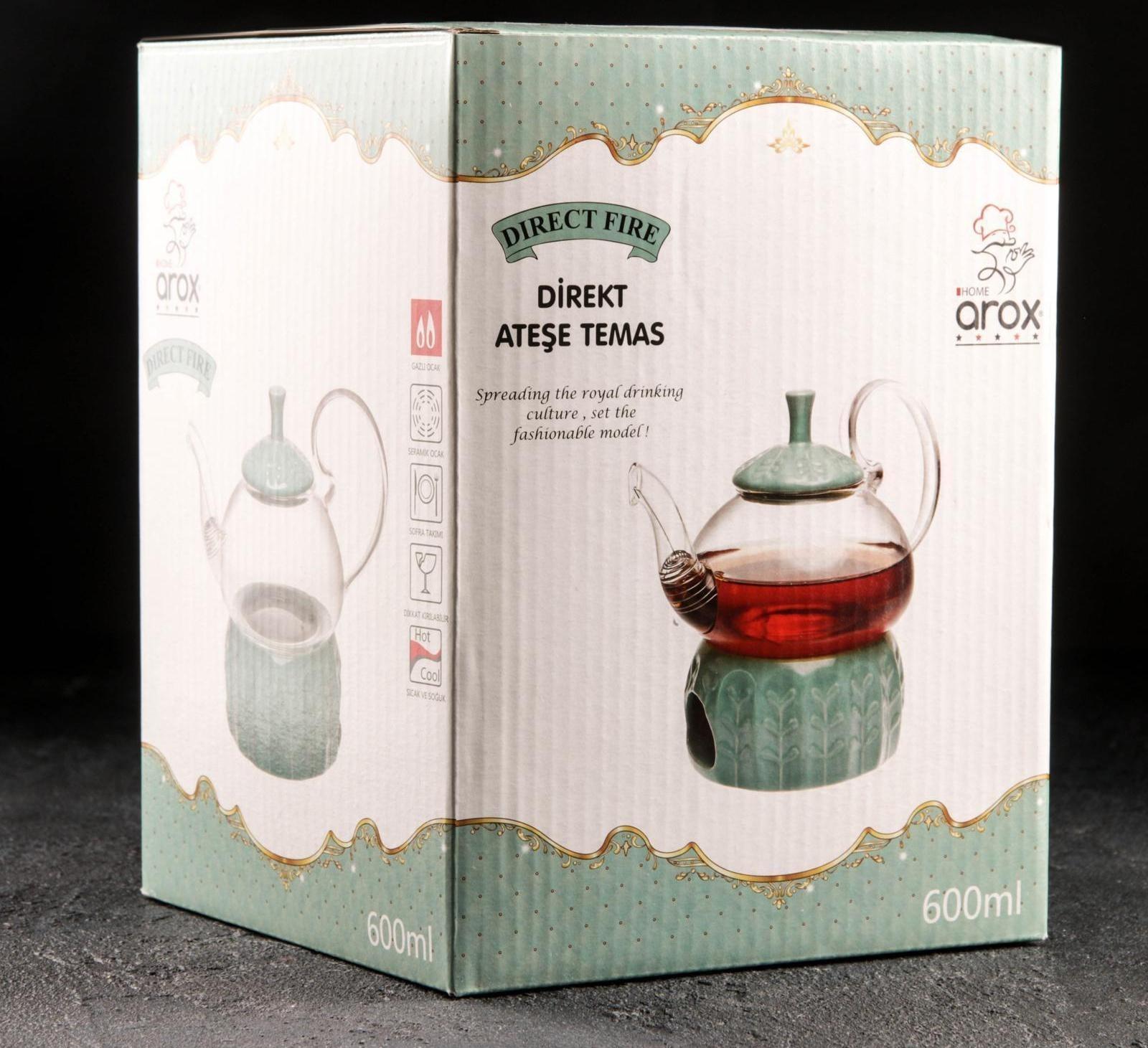 Чайник стеклянный заварочный «Элегия», 600 мл, металлическое сито и подставка для подогрева, цвет зелёный