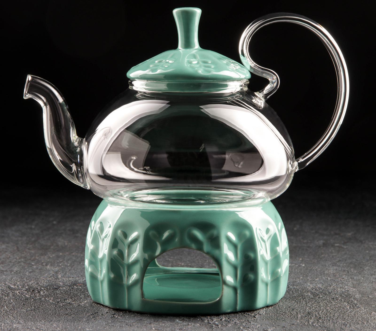 Чайник стеклянный заварочный «Элегия», 600 мл, металлическое сито и подставка для подогрева, цвет зелёный