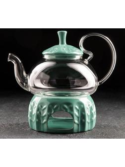 Чайник стеклянный заварочный «Элегия», 600 мл, металлическое сито и подставка для подогрева, цвет зелёный