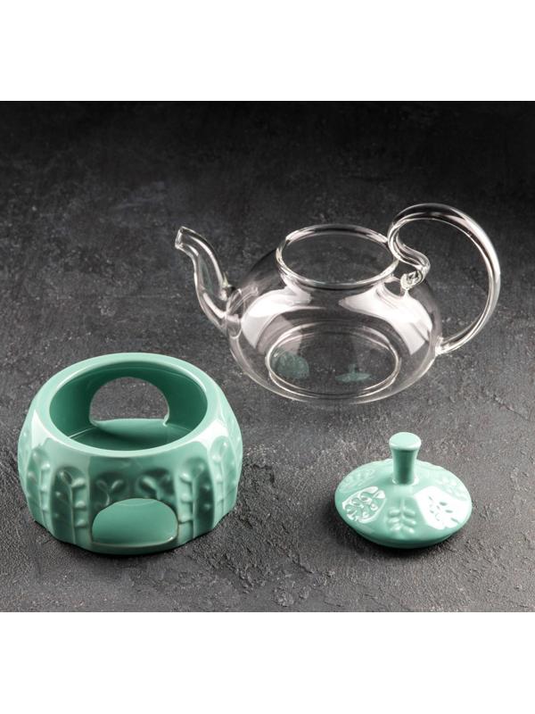 Чайник стеклянный заварочный «Элегия», 600 мл, металлическое сито и подставка для подогрева, цвет зелёный