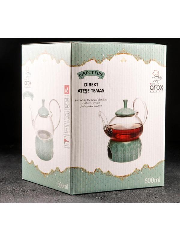 Чайник стеклянный заварочный «Элегия», 600 мл, металлическое сито и подставка для подогрева, цвет зелёный