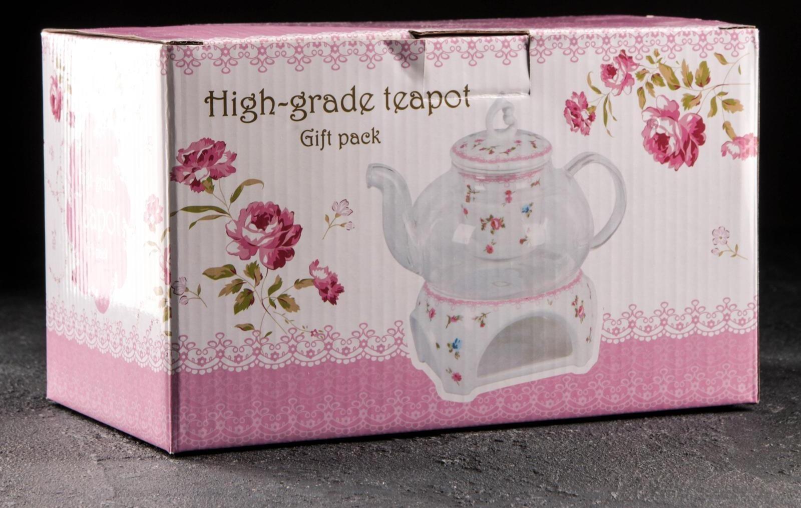 Чайник стеклянный заварочный «Элегия», 600 мл, металлическое сито и подставка для подогрева, цвет серый мрамор