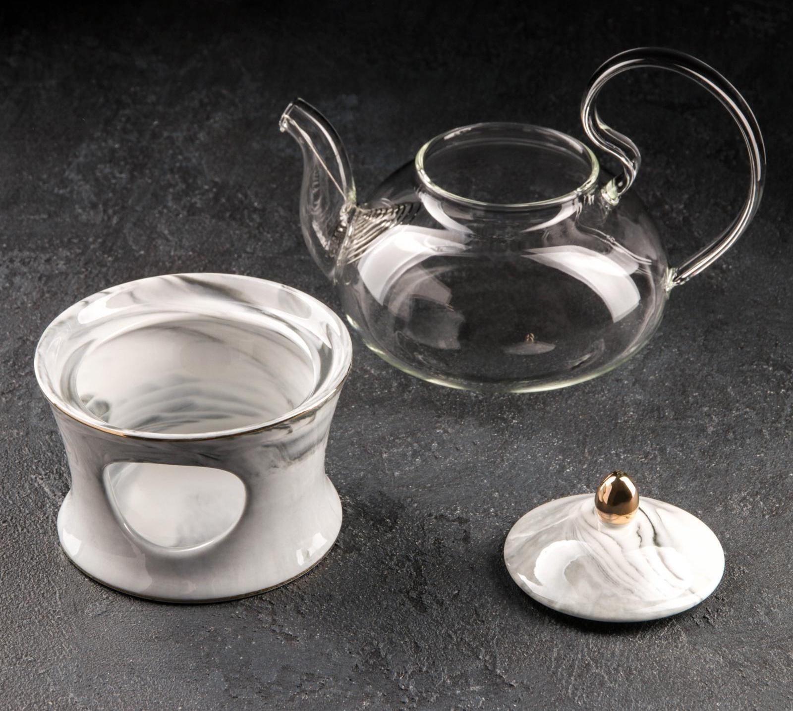 Чайник стеклянный заварочный «Элегия», 600 мл, металлическое сито и подставка для подогрева, цвет серый мрамор