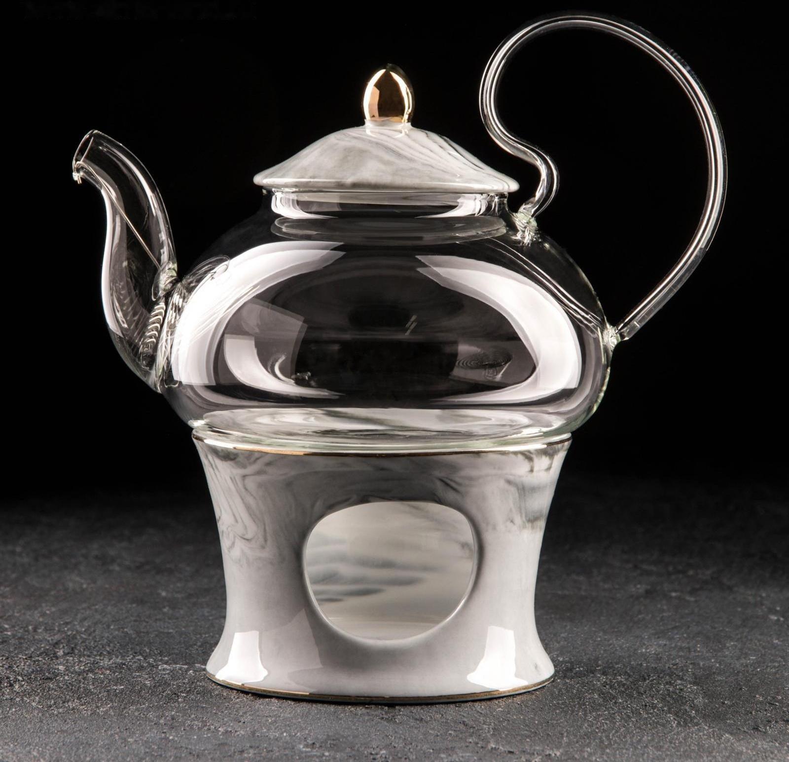 Чайник стеклянный заварочный «Элегия», 600 мл, металлическое сито и подставка для подогрева, цвет серый мрамор