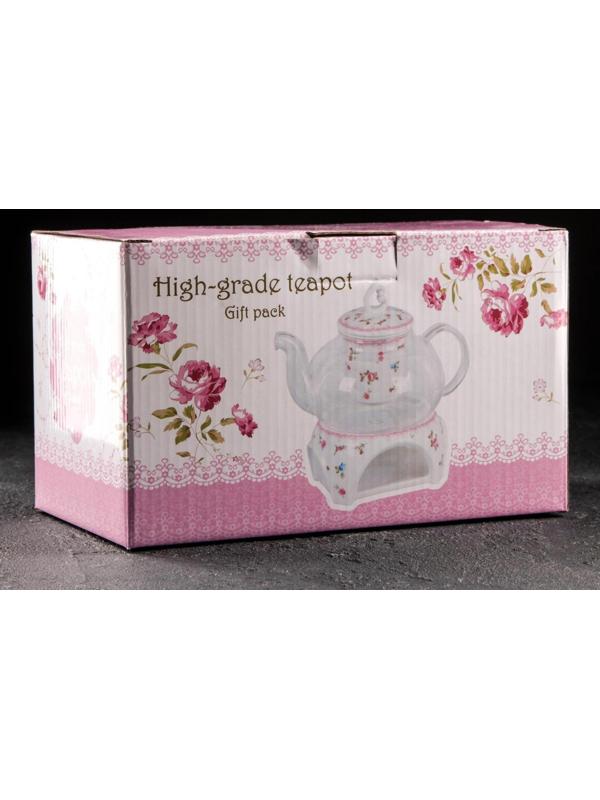 Чайник стеклянный заварочный «Элегия», 600 мл, металлическое сито и подставка для подогрева, цвет серый мрамор