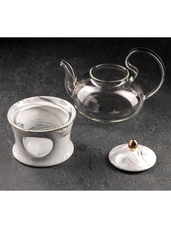 Чайник стеклянный заварочный «Элегия», 600 мл, металлическое сито и подставка для подогрева, цвет серый мрамор