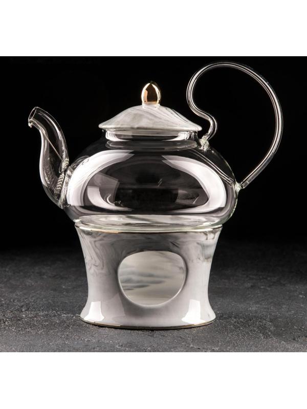 Чайник стеклянный заварочный «Элегия», 600 мл, металлическое сито и подставка для подогрева, цвет серый мрамор