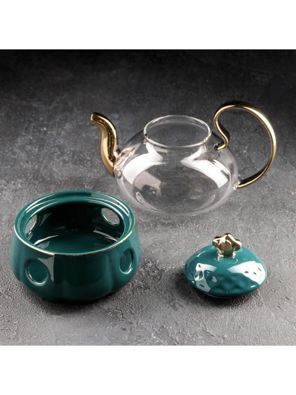 Чайник стеклянный заварочный «Элегия», 600 мл, металлическое сито и подставка для подогрева, цвет изумрудный/золотой