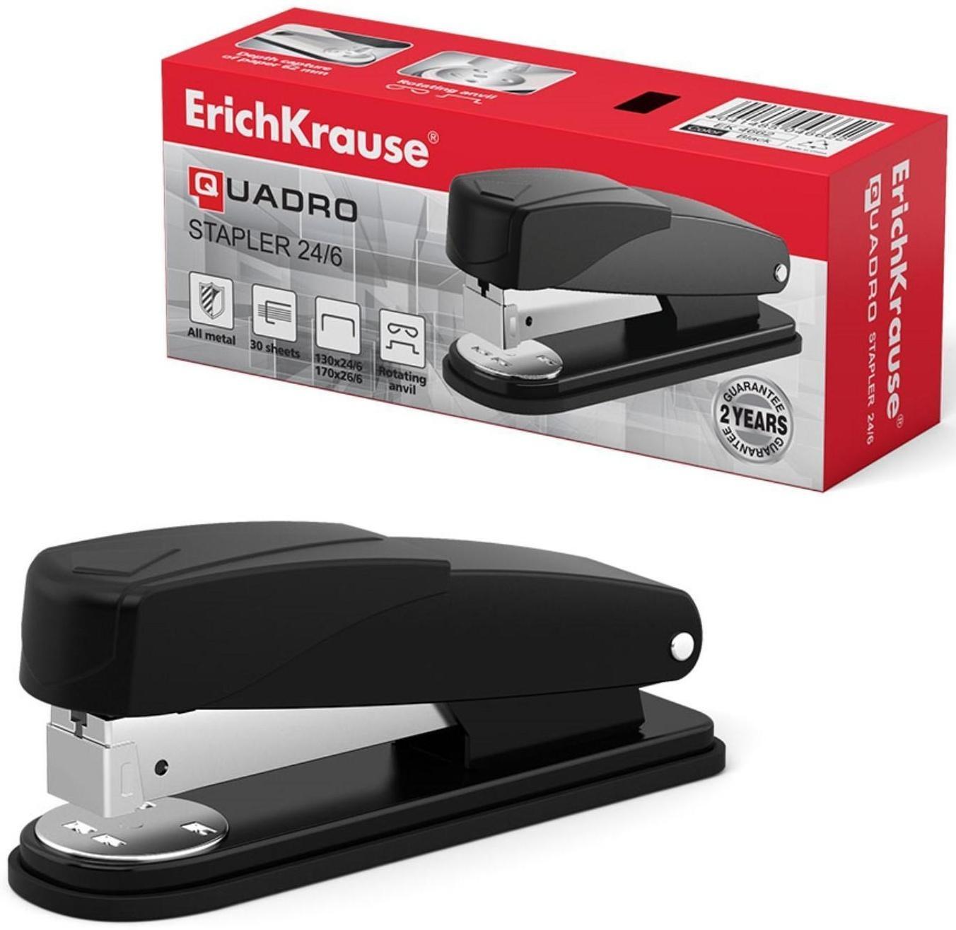 Степлер ErichKrause Quadro Half-strip, № 24/6, до 30 листов, антистеплер, чёрный