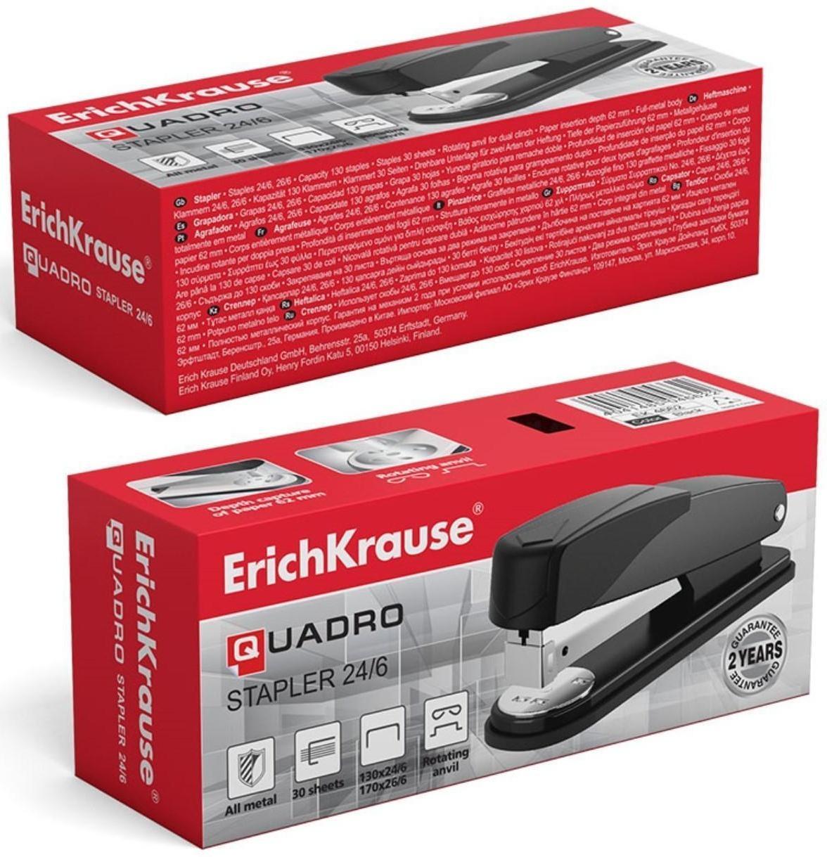 Степлер ErichKrause Quadro Half-strip, № 24/6, до 30 листов, антистеплер, чёрный